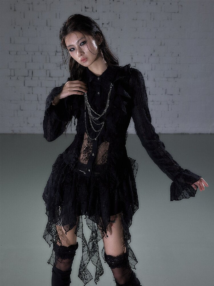 Openwork Lace Irregular Shirt Dress【s0000015941】