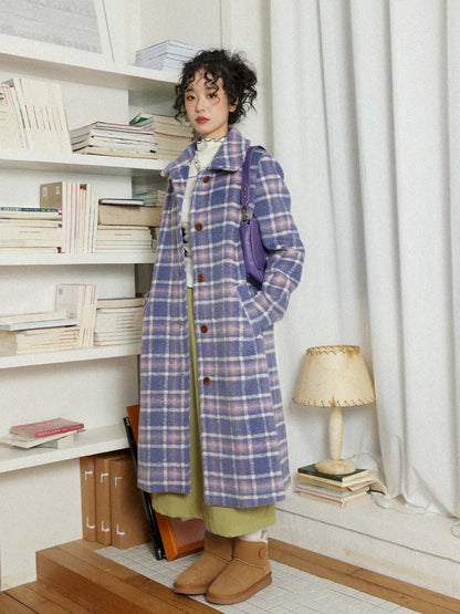 Plaid Long Purple Wool Coat【s0000013986】