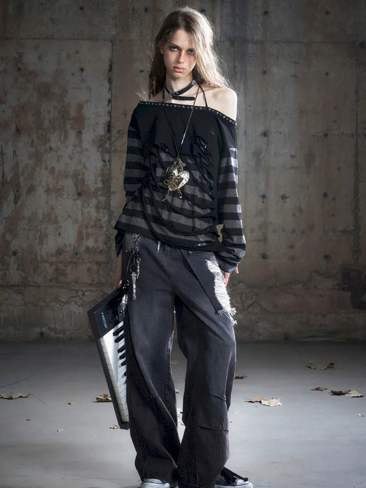 Distressed Wide-Leg Jeans【s0000013958】