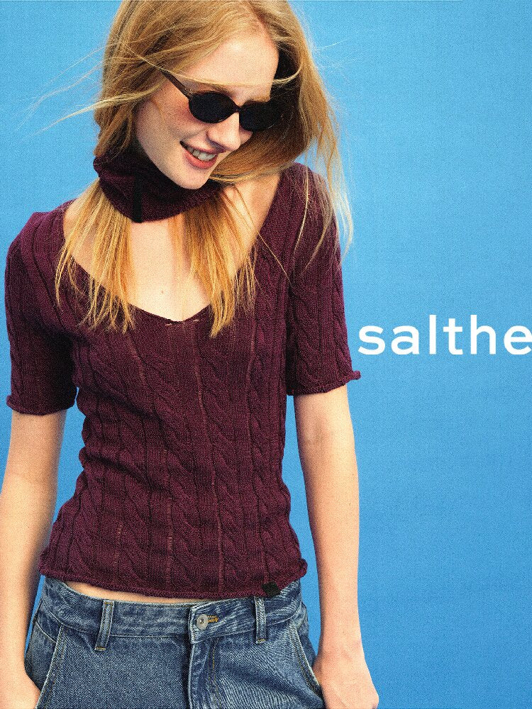 Cut Out Cable V-Neck Knit Top【s0000015928】