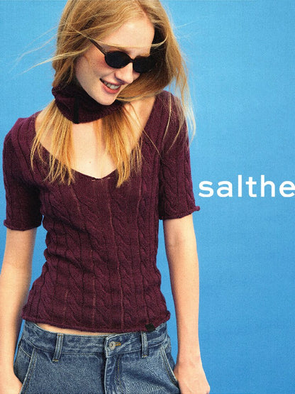 Cut Out Cable V-Neck Knit Top【s0000015928】