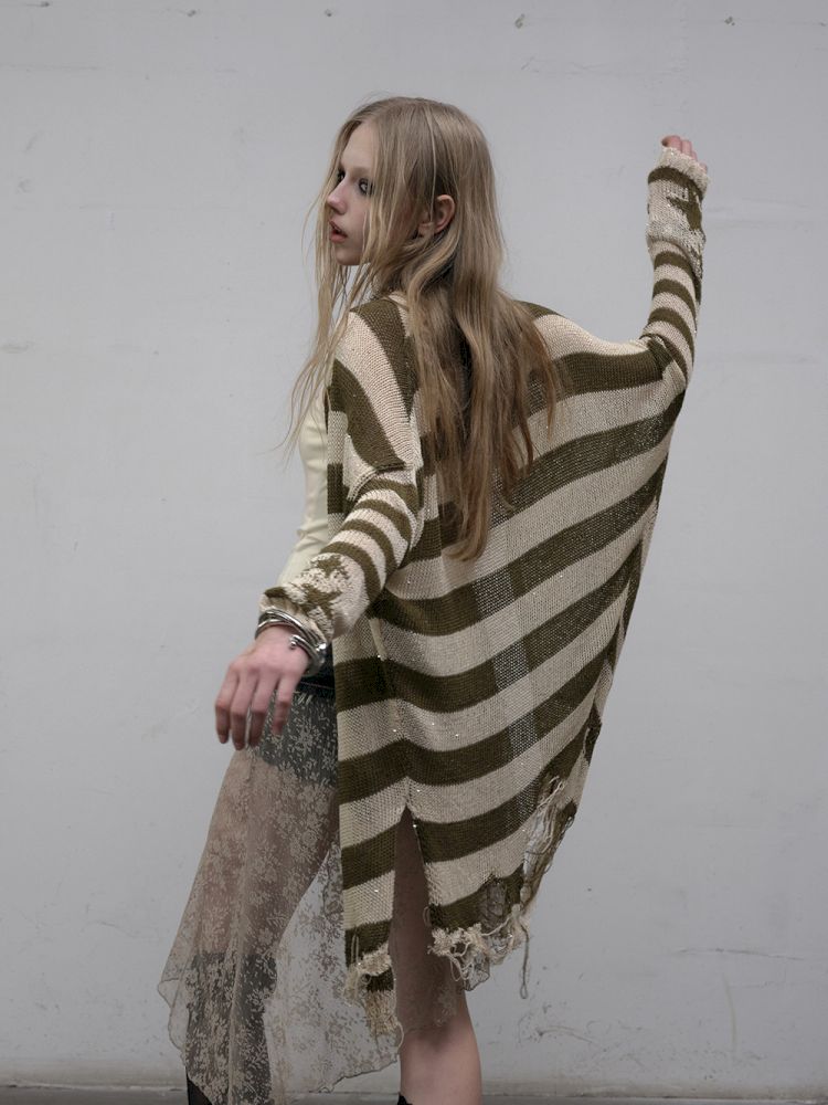 Striped knit loose bat-sleeve sunscreen hoodie【s0000012319】