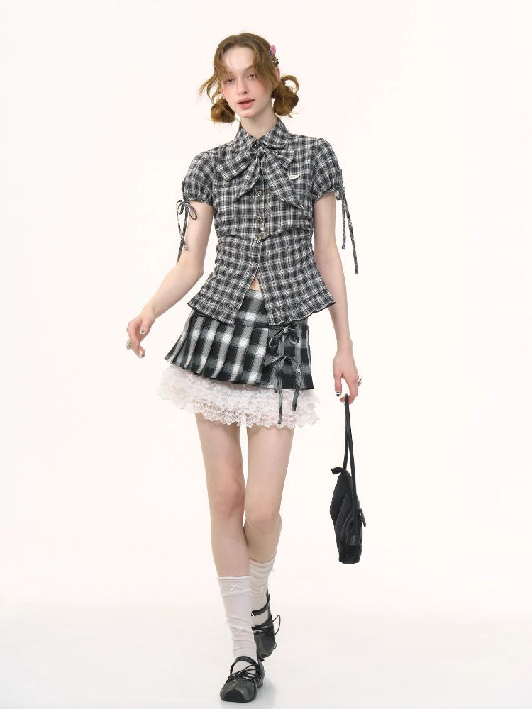 Doll Collar Bow Plaid Short Sleeve Shirt【s0000012264】