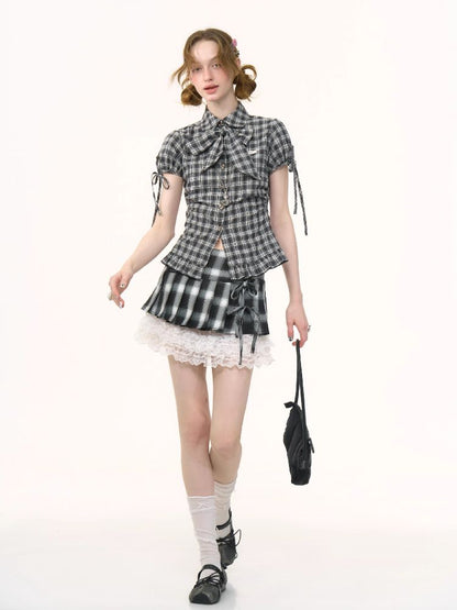 Doll Collar Bow Plaid Short Sleeve Shirt【s0000012264】