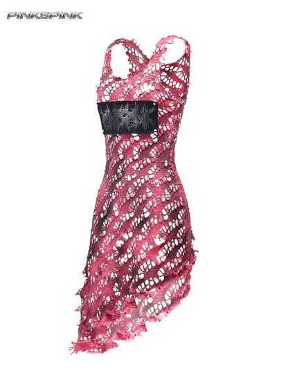 Riveted Applique Mesh Irregular Dress【s0000017715】