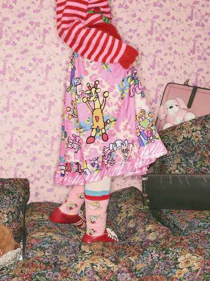 Pink Animal Illustration Skirt【s0000015372】