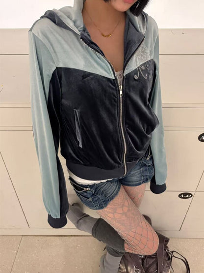 Velvet Color Block Hooded Cardigan【s0000019265】