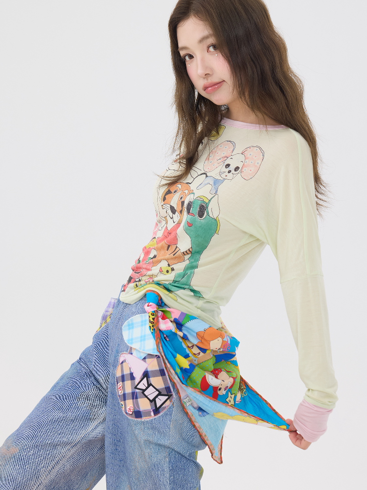 Blue Cartoon Printed Cotton Scarf【s0000016191】