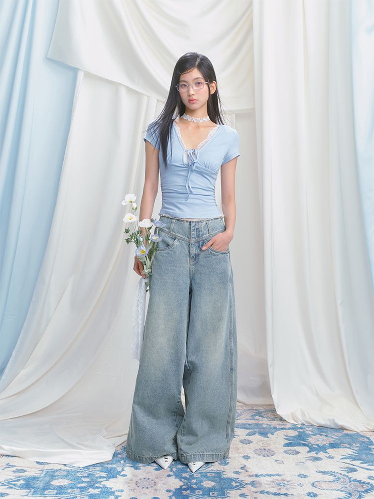 Wide-leg broken holes micro-laundry jeans【s0000012140】