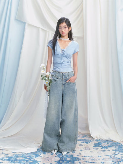 Wide-leg broken holes micro-laundry jeans【s0000012140】