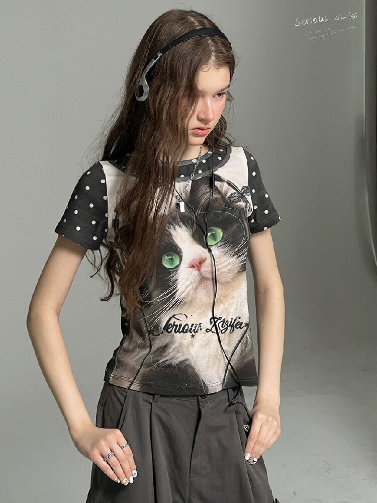 Vintage Polka Dot Cat Print T Shirt【s0000017312】