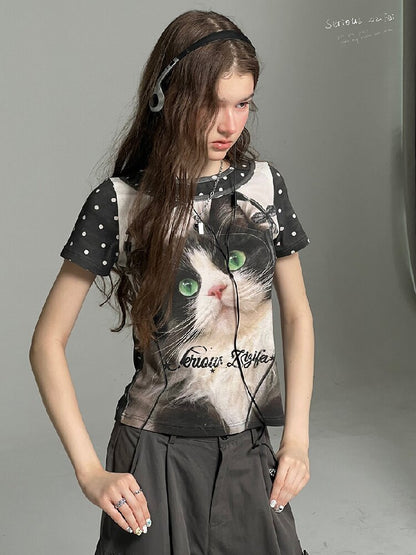 Vintage Polka Dot Cat Print T Shirt【s0000017312】