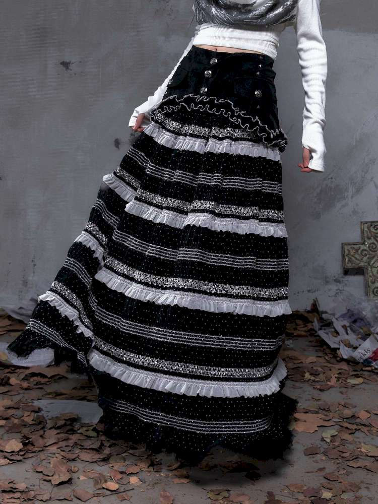 Patchwork Gathered A-Line Skirt【s0000014461】