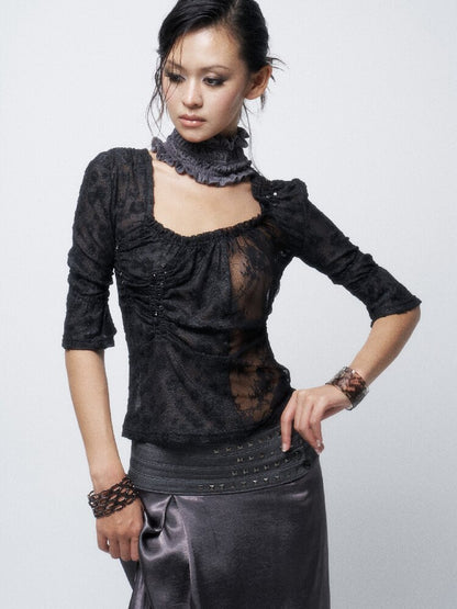 Flocked Lace Paneled Ruffled Shirt【s0000016067】