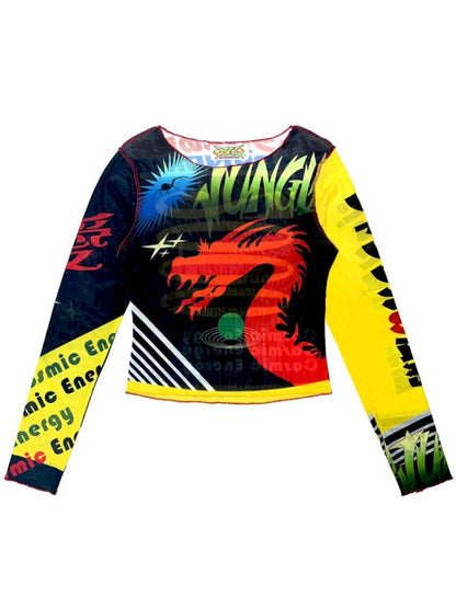 Y2K Millennium Print Long Sleeve Mesh Top【s0000014915】
