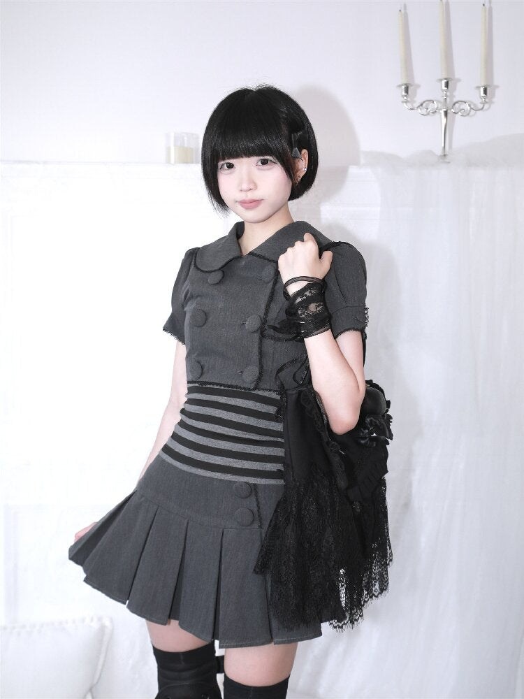 Gray Pleated Midi Skirt Blazer Set【s0000017400】