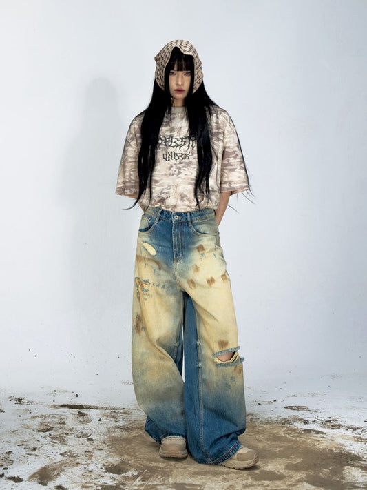 Yellow mud dyed ripped blue straight jeans【s0000008487】