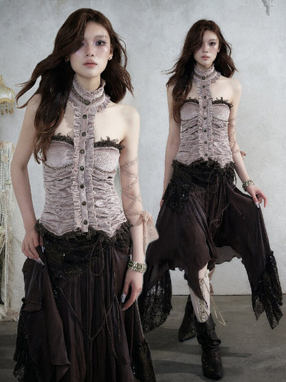 Baroque Lace Patchwork Halter Top【s0000017982】