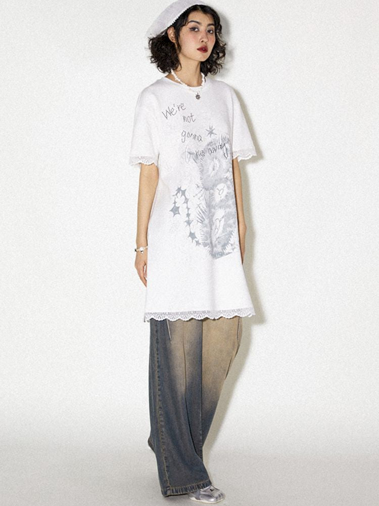 Lace Splicing Printed T-Shirt Dress [S0000008821]