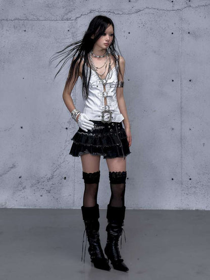 Dark Court Openwork Lace Leather Camisole【s0000014920】