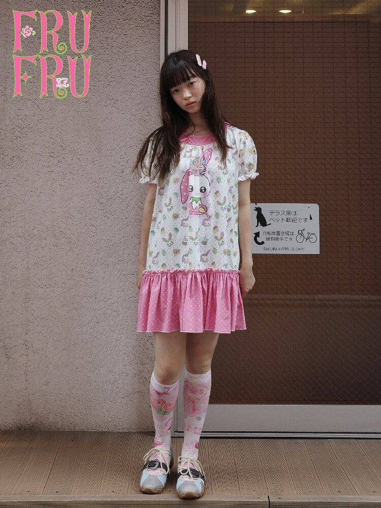 Printed Bear Bunny Fake Two Piece Dress【s0000017764】