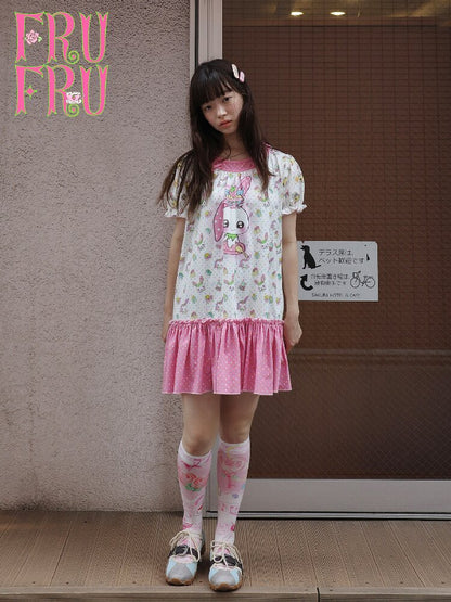 Printed Bear Bunny Fake Two Piece Dress【s0000017764】