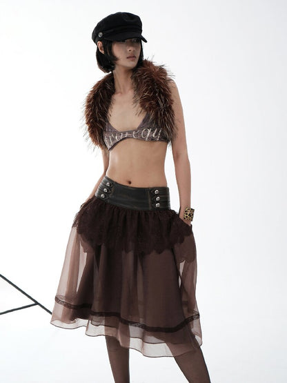 Vintage PU Leather Mesh Umbrella Skirt【s0000018474】
