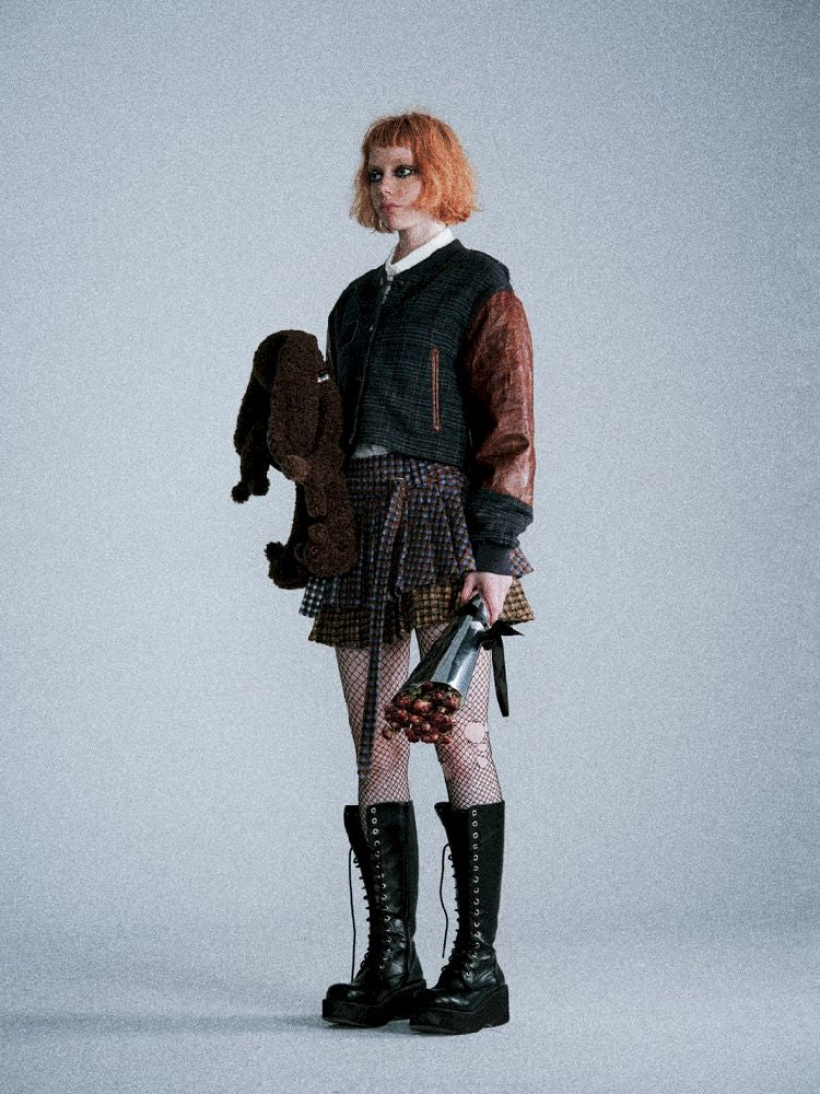 Three-color plaid splicing pleated skirt【s0000005411】