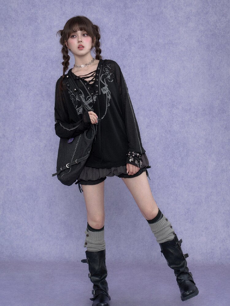Dark Cross Print Strap Cardigan Hood【s0000017284】