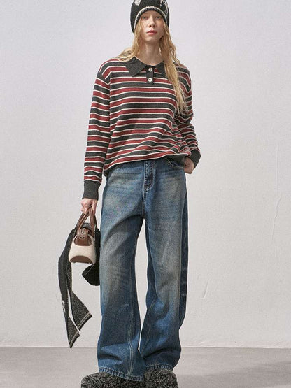 Cotton-wool Striped Polo Jumper【s0000015417】