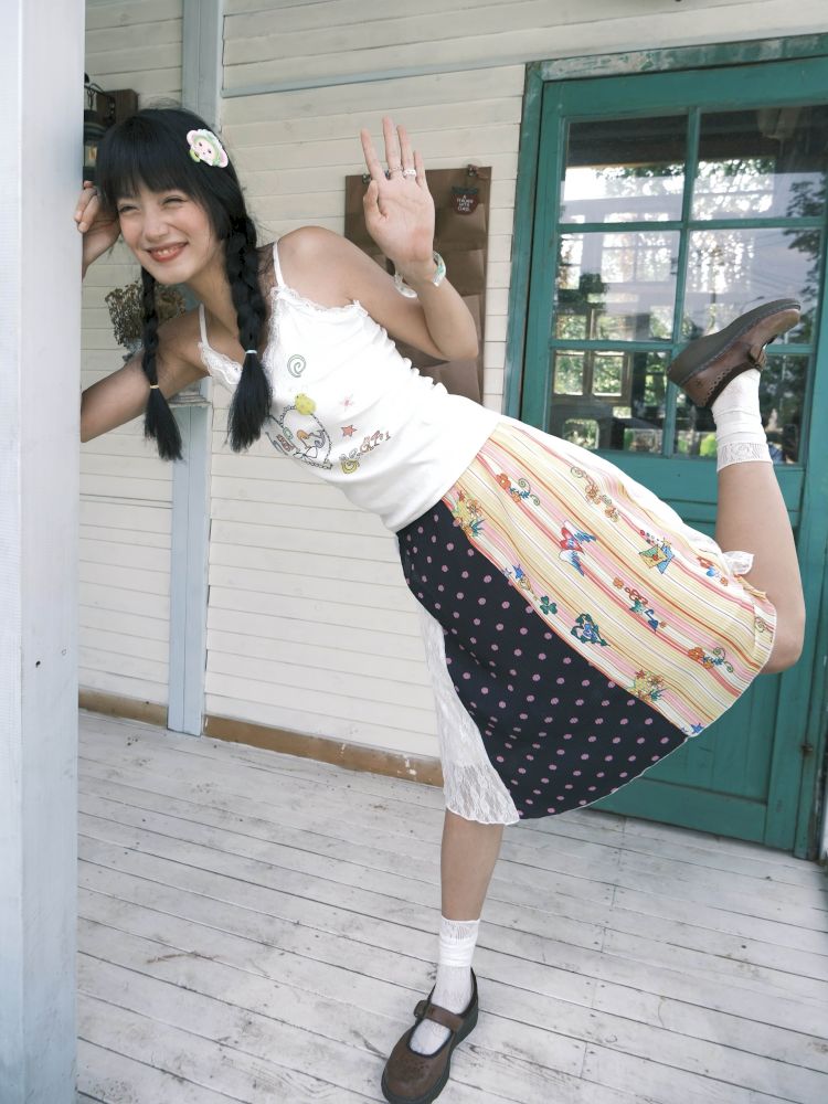 Patchwork lace print polka dot pleated skirt【s0000012769】