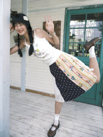 Patchwork lace print polka dot pleated skirt【s0000012769】