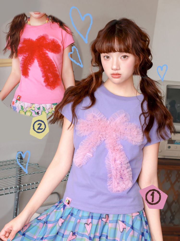 Two-tone mesh bow T-shirt【s0000012828】