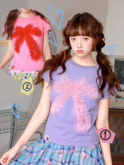 Two-tone mesh bow T-shirt【s0000012828】