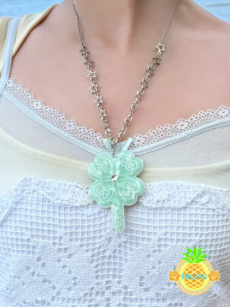 Lucky April Grass Key Pendant Necklace【s0000013939】