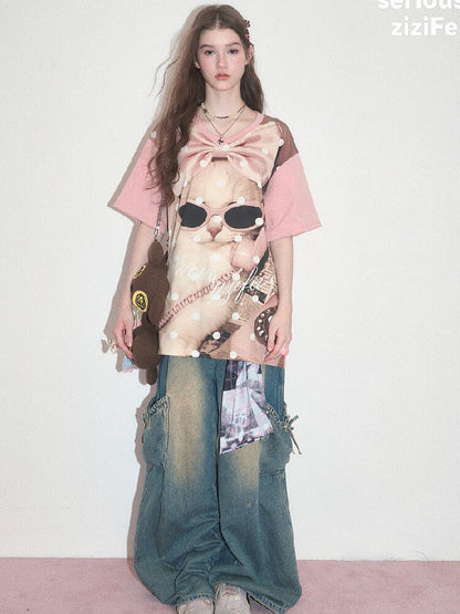 Wave Cat Print Loose Short Sleeve T【s0000017670】