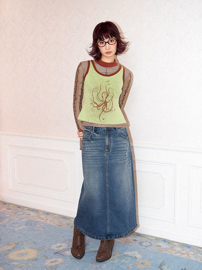 Low- Waisted Denim Mid-Length Half Skirt【s0000011643】