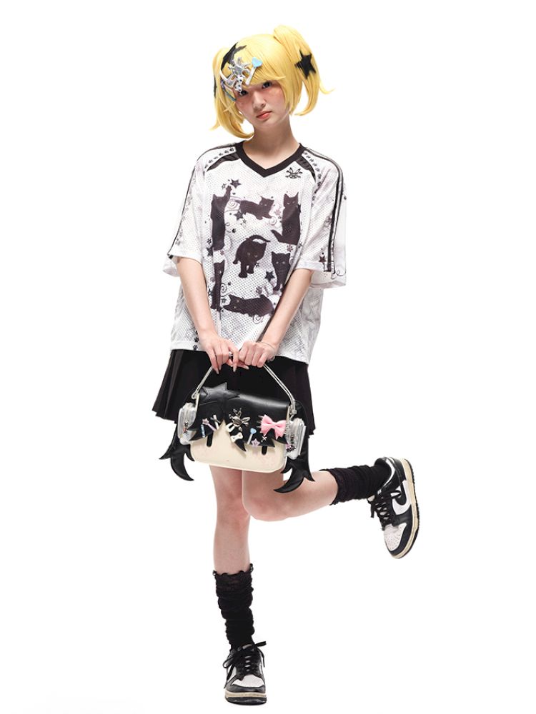 Black cat print shoulder sleeve t-shirt【s0000012586】