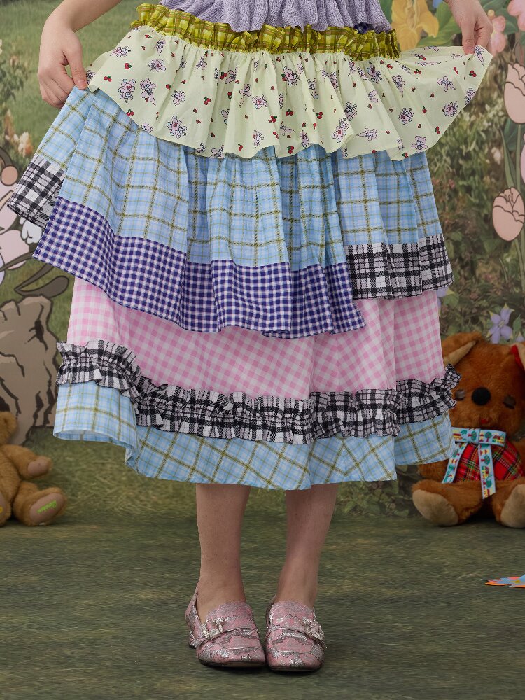Plaid Print Cotton Lace Midi Skirt【s0000017119】