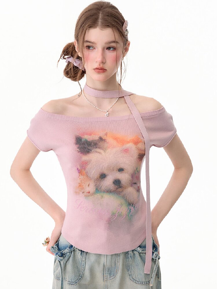 Puppy Print Slim Knitted Short T【s0000017671】