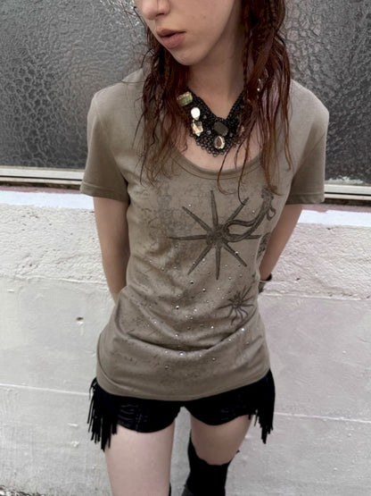 Basic Style Western Print Rhinestone T-Shirt【s0000012833】