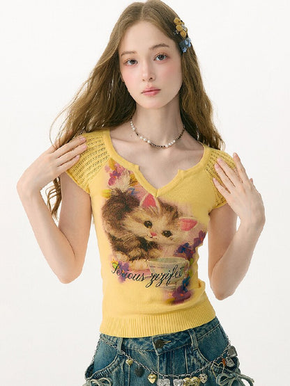 Warm Yellow Cat Print Knitted T-Shirt【s0000017148】