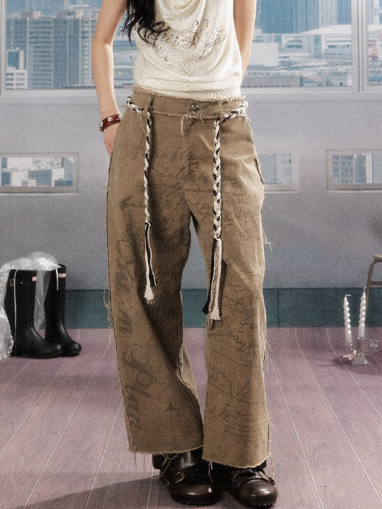 Retro Light Asian Letter Print Slacks【s0000016523】