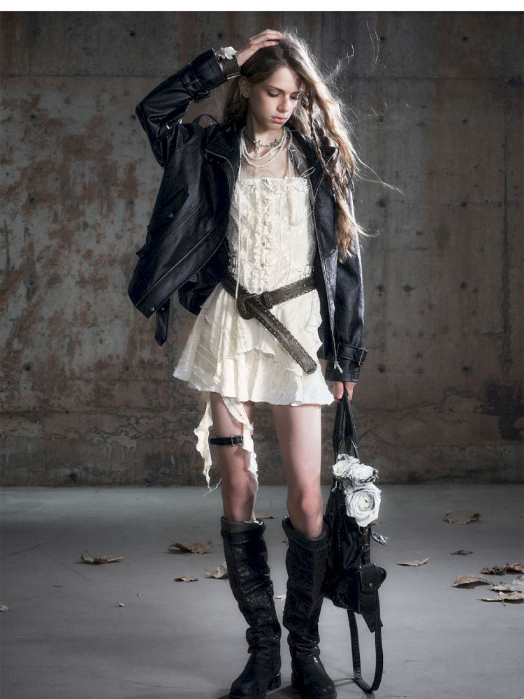 Loose black myriad leather jacket【s0000013885】