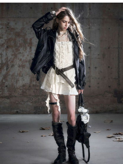 Loose black myriad leather jacket【s0000013885】