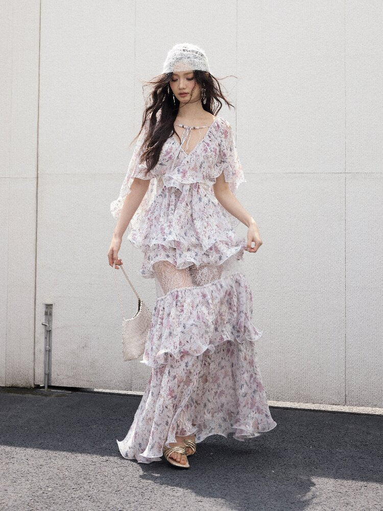 Retro Wilderness Floral Ruffled Dress【s0000016861】