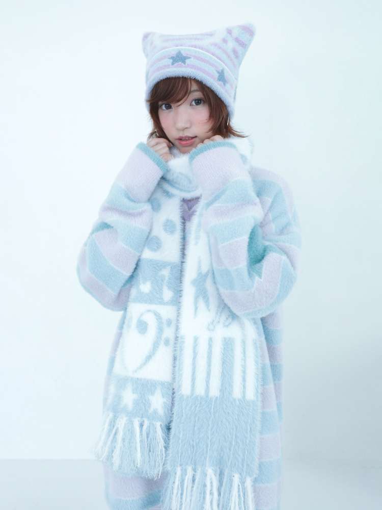 Blue White Polka Dot Mink Fringe Scarf【s0000014690】