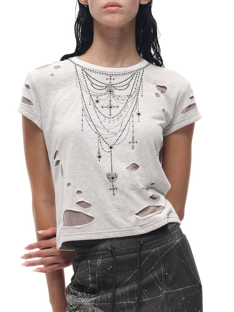 Rhinestone necklace ripped t-shirt【s0000012596】