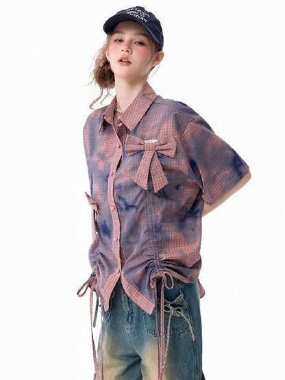 Distressed Plaid Bow Short Sleeve Shirt【s0000017755】