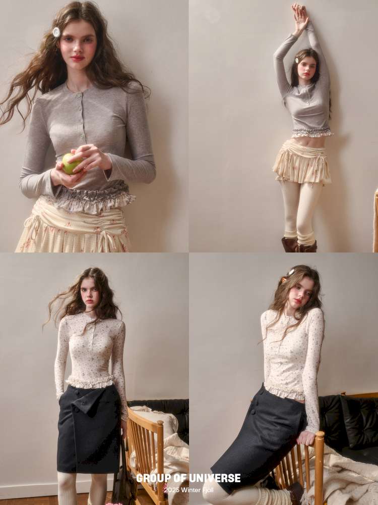 Comfortable Cotton Crew Neck Slim Lace Hem Top【s0000014895】